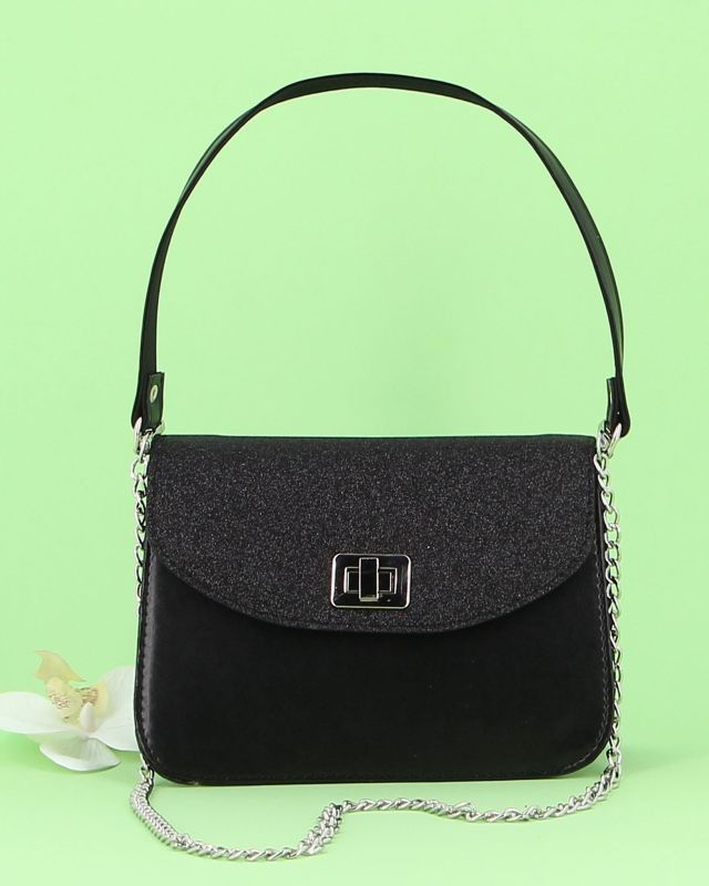 Prodotto: ANNES NICOLE - Pochette nera un manico con patta glitterata, chiusura a girello e catenina removibile, MADE IN ITALY