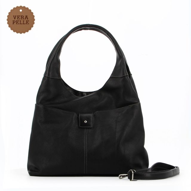 Prodotto: DIVAS - Borsa sacca nera in VERA PELLE con tasca frontale, tracolla removibile - MADE IN ITALY