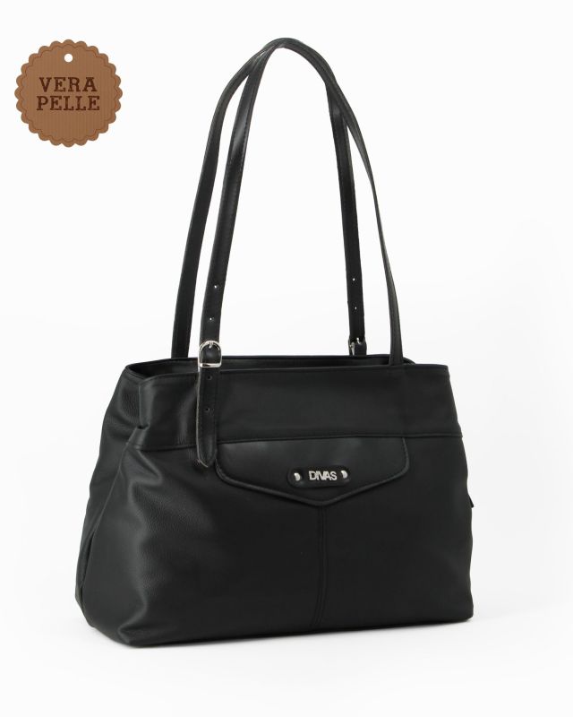 Prodotto: DIVAS - Borsa a spalla nera in VERA PELLE con manici regolabili, MADE IN ITALY