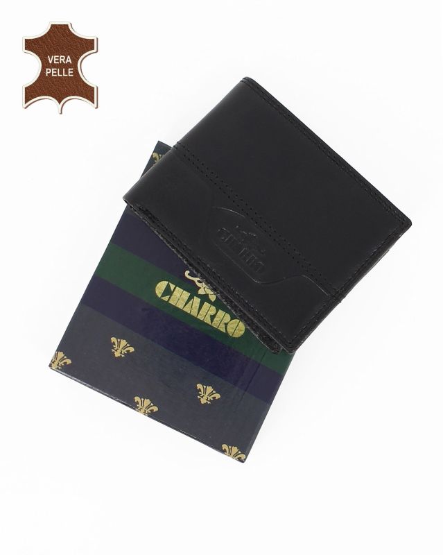 Prodotto: Portafoglio uomo nero  con incisione logo frontale, in VERA PELLE - CHARRO