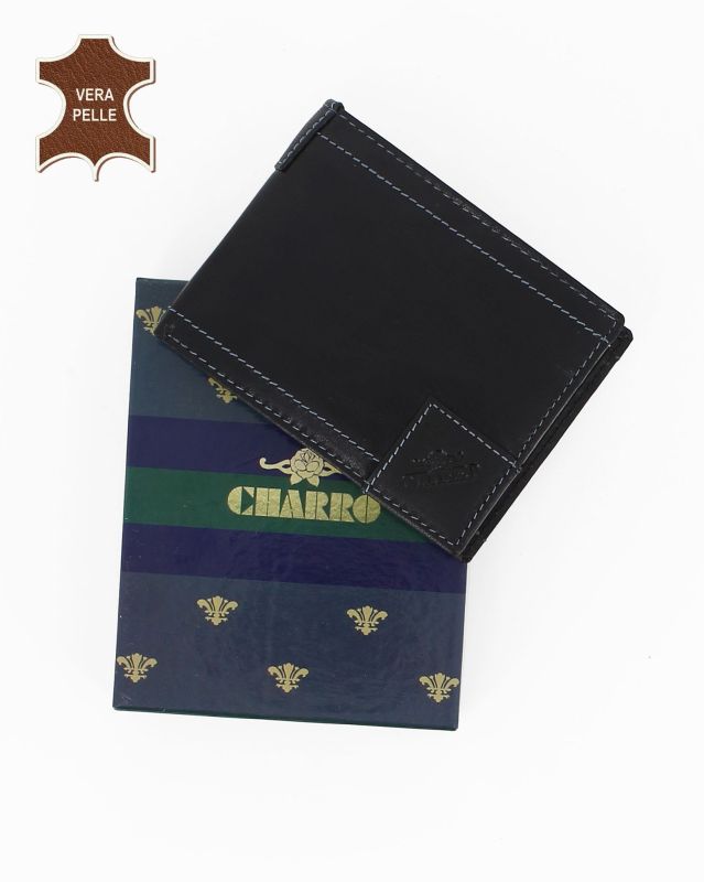 Prodotto: Portafoglio uomo nero con incisione logo frontale, in VERA PELLE - CHARRO