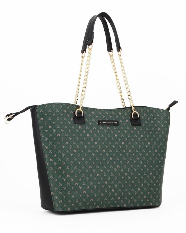 Prodotto: CORTINA POLO STYLE - Borsa shopping verde loggata con manici a catena