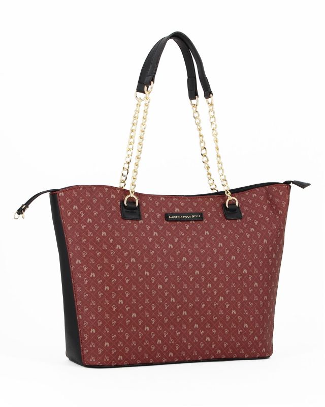 Prodotto: CORTINA POLO STYLE - Borsa shopping bordeaux loggata con manici a catena