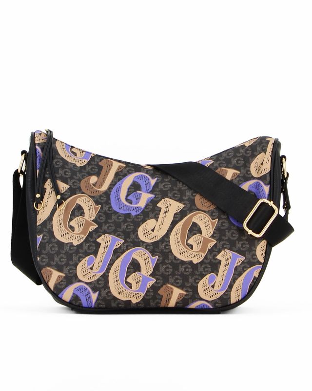 Prodotto: JUST GOLF - Borsa tracolla mezzaluna nera double face con stampa logo lilla