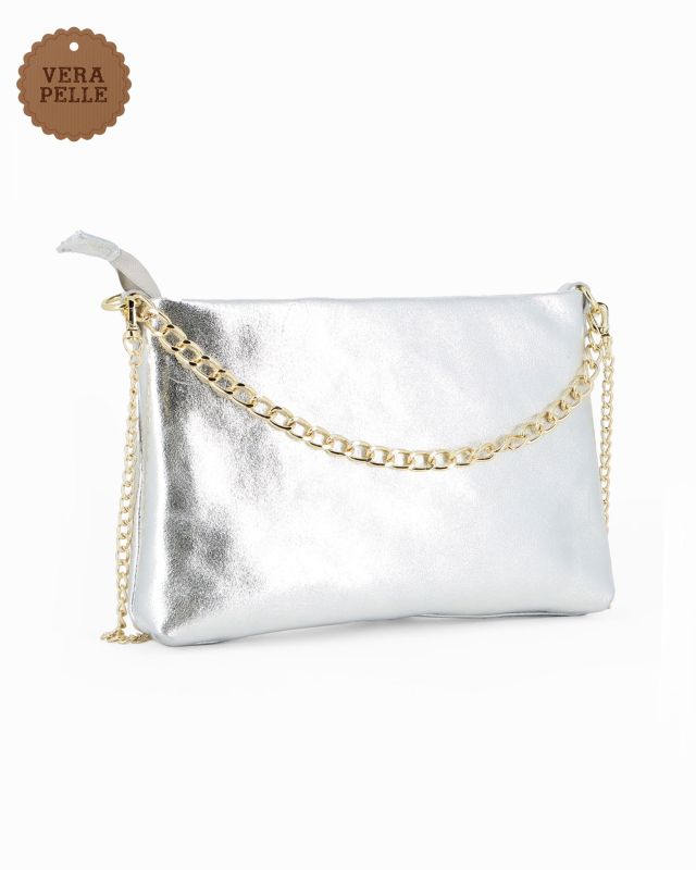 Prodotto: DIVAS - TRACOLLA ARGENTO IN VERA PELLE CON DETTAGLIO CATENA, MADE IN ITALY