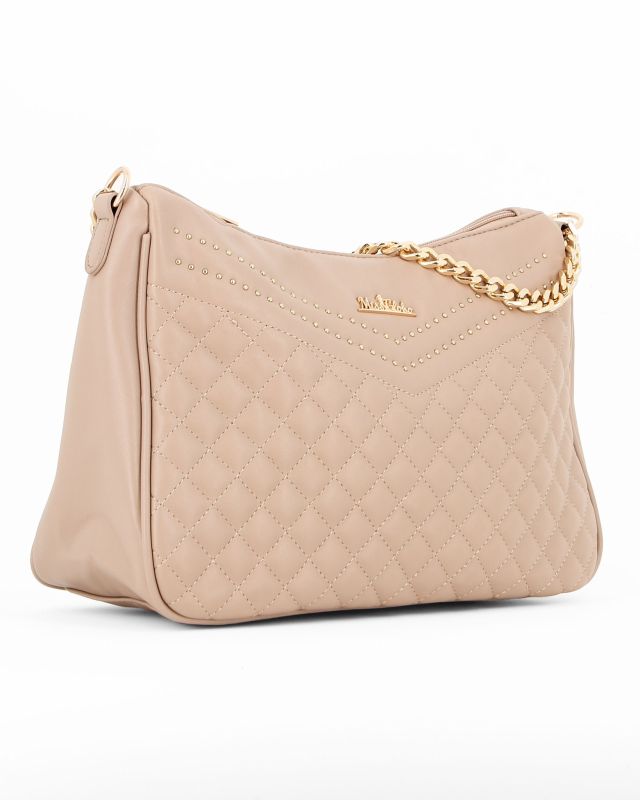 Prodotto: MISS GLOBO - Borsa beige con manico a catena e parte frontale trapuntata con dettaglio rivetti