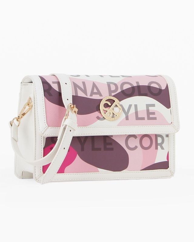 Prodotto: CORTINA POLO STYLE - Borsa rosa a fantasia con patta frontale, tracolla regolabile e removibile