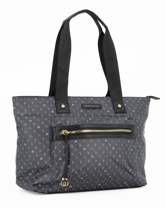 Prodotto: CORTINA POLO STYLE - Borsa shopping nera loggata con zip frontale