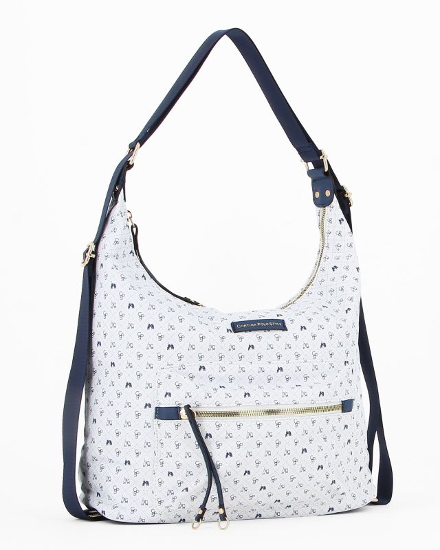 Prodotto: CORTINA POLO STYLE - Borsa bianca e blu con tracolla e manico regolabili e tasca frontale