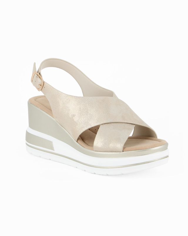 Prodotto: MISS GLOBO - Sandalo platform beige con incrocio frontale e sottopiede in memory soft, zeppa 7,5CM