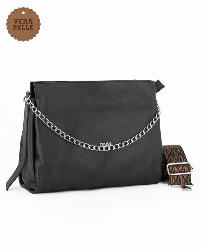 Prodotto: DIVAS - Borsa sacca nera in VERA PELLE con tracolla nastro - MADE IN ITALY