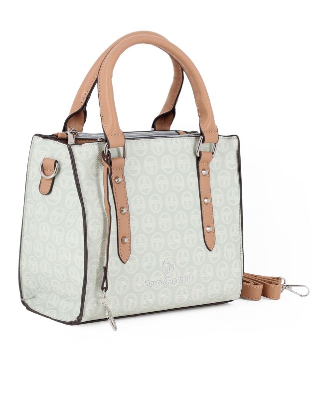 Prodotto: SERGIO TACCHINI - Borsa due manici azzurra loggata con ciondolo e tracolla removibili