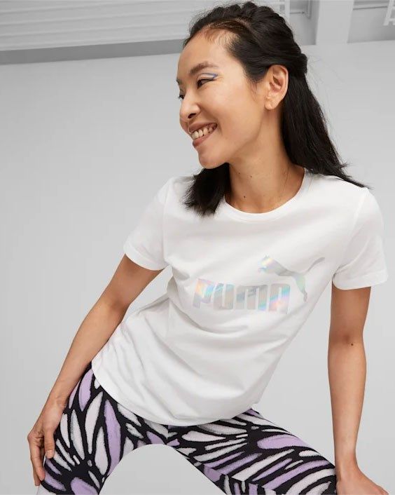Prodotto: PUMA - T shirt girocollo da donna bianca in cotone con logo metallizzato