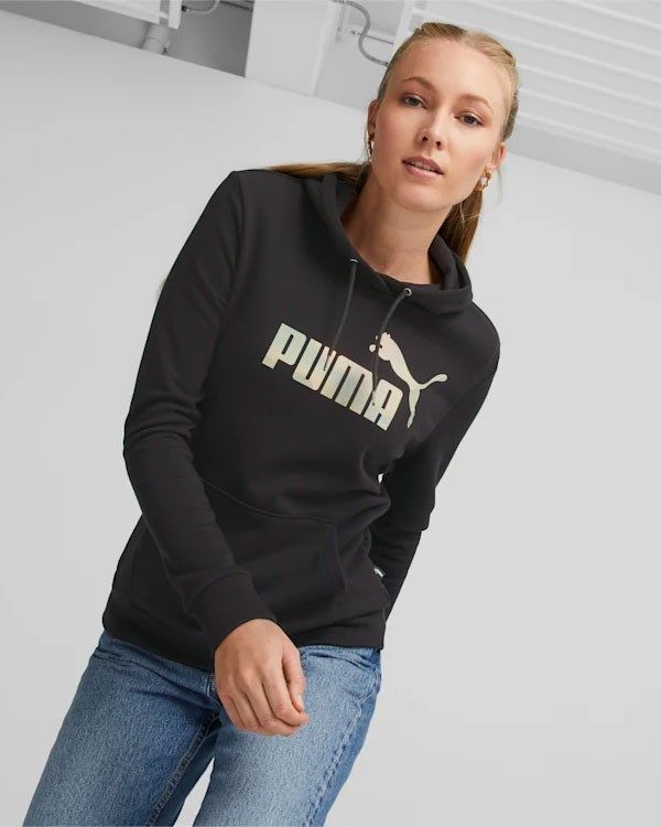 Prodotto: PUMA - Felpa da donna nera con cappuccio e logo metallizzato