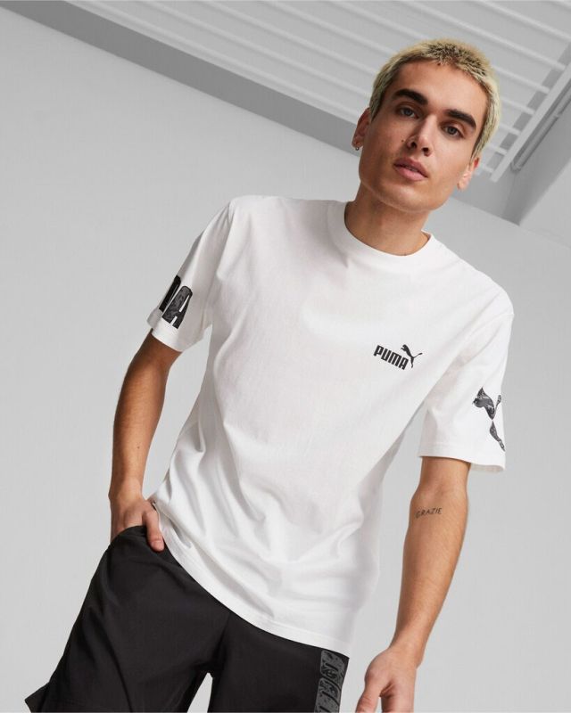 Prodotto: PUMA - T shirt girocollo da uomo bianca con logo nero relaxed fit