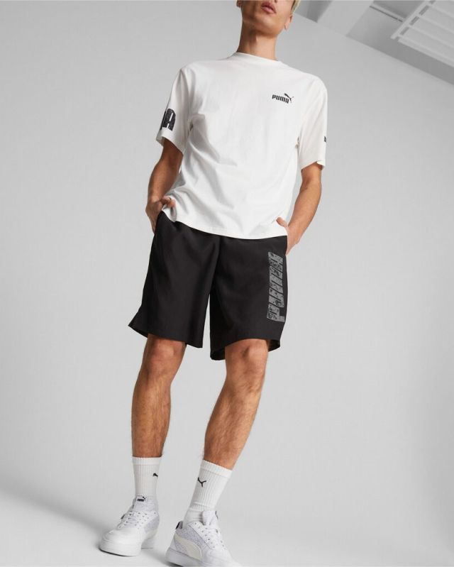 Prodotto: PUMA - Pantaloni corti da uomo neri con logo grigio e lacci