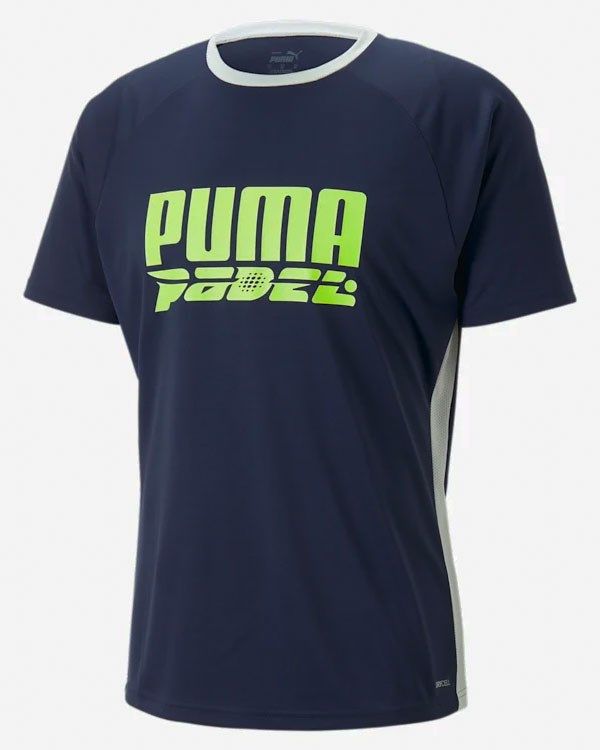 Prodotto: PUMA - T shirt da padel uomo blu e bianca in tessuto traspirante con logo giallo fluo