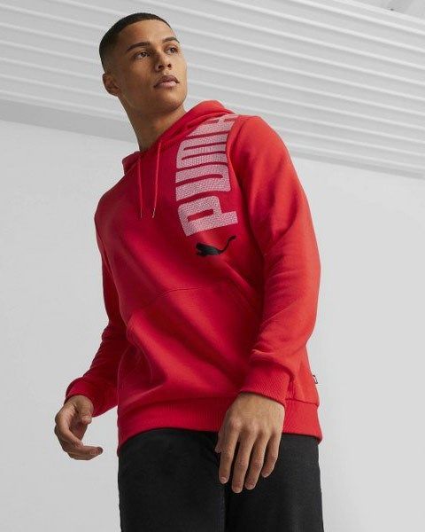Prodotto: PUMA - Felpa da uomo rossa con cappuccio e logo bianco e nero