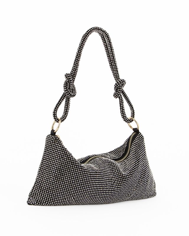 Prodotto: DIVAS - Pochette nera rivestita di strass con nodi sul manico
