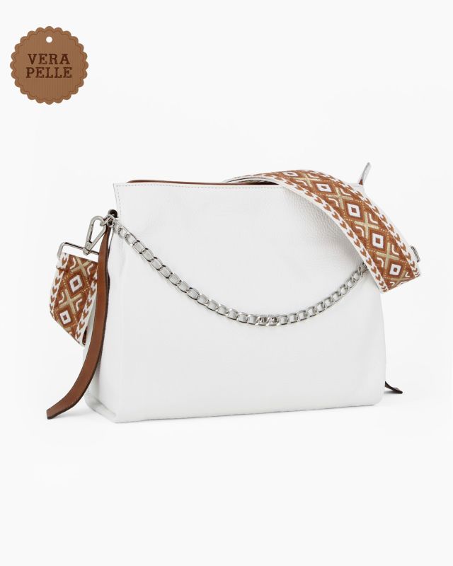 Prodotto: DIVAS - Borsa sacca bianca in VERA PELLE con tracolla nastro - MADE IN ITALY
