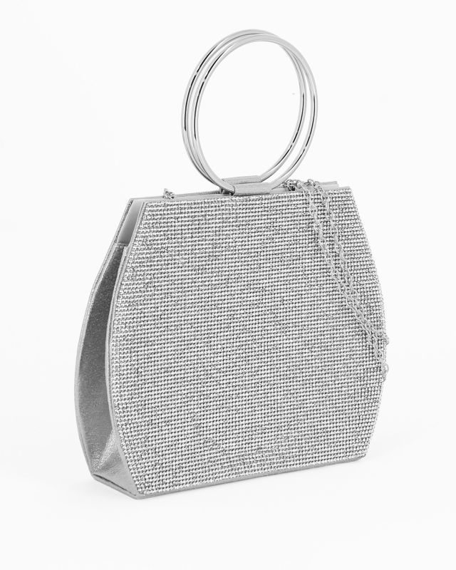 Prodotto: MISS GLOBO - POCHETTE LAMINATA ARGENTO CON STRASS E MANICI TONDI IN METALLO