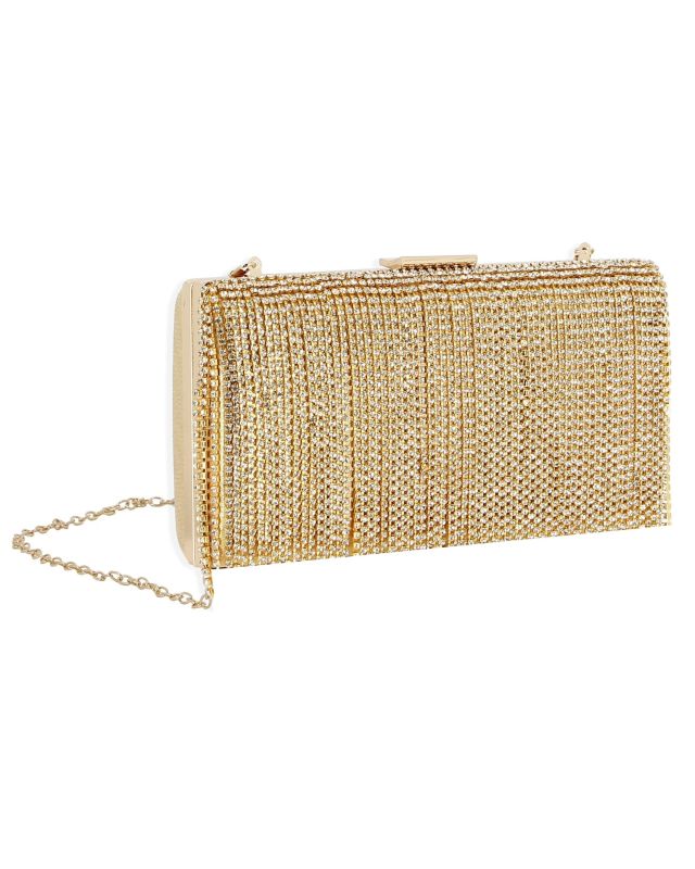 Prodotto: MISS GLOBO - Clutch oro con frange di strass frontali