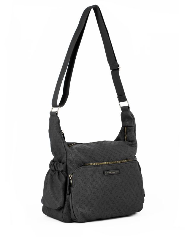 Prodotto: CORTINA POLO STYLE - Borsa nera loggata con tasche laterali arricciate e tasca frontale con chiusura a zip