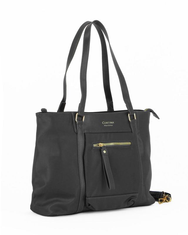 Prodotto: CORTINA POLO STYLE - Borsa shopping nera con tasca frontale e tracolla removibile