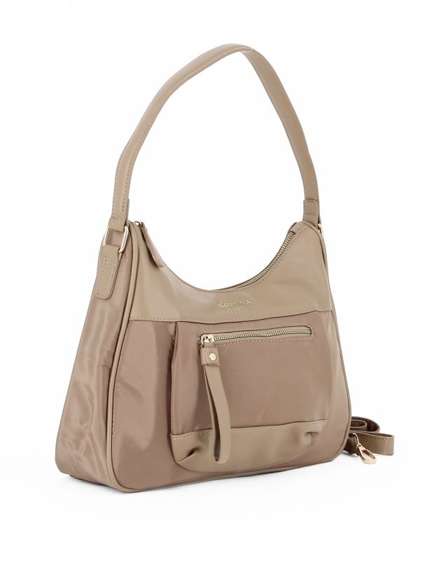Prodotto: CORTINA POLO STYLE - Borsa mezzaluna un manico taupe con tasca frontale e tracolla removibile
