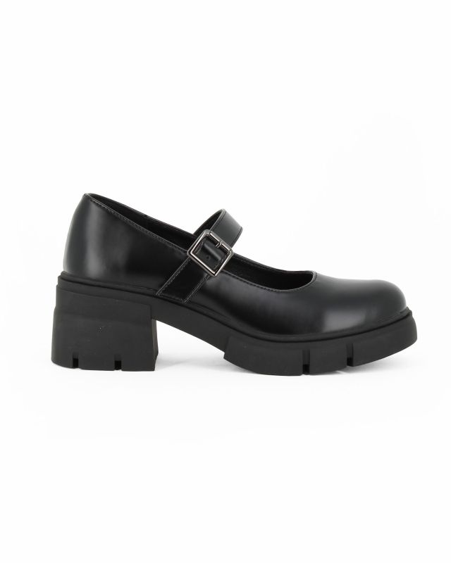 Prodotto: MISS GLOBO - Scarpa nera con suola track e cinturino con fibbia frontale, tacco 5,5CM