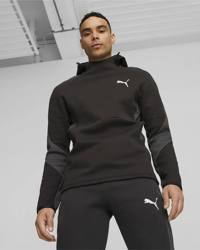 Prodotto: PUMA - Felpa da uomo nera in tessuto traspirante con cappuccio e coulisse in vita