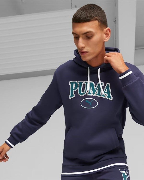 Prodotto: PUMA - Felpa da uomo blu con cappuccio e logo verde scuro