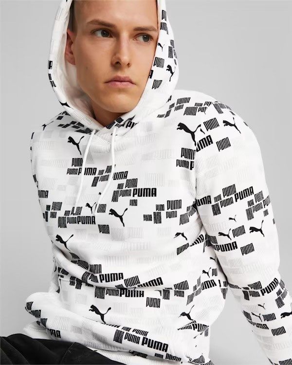 Prodotto: PUMA - Felpa da uomo bianca con stampa logo nera e cappuccio