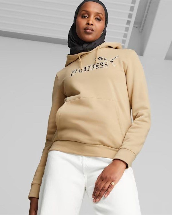 Prodotto: PUMA - Felpa da donna beige con logo leopardato e cappuccio