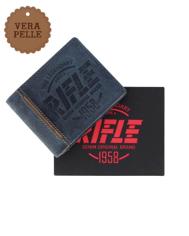 Prodotto: RIFLE - Portafoglio uomo blu con logo frontale e ribaltina in VERA PELLE