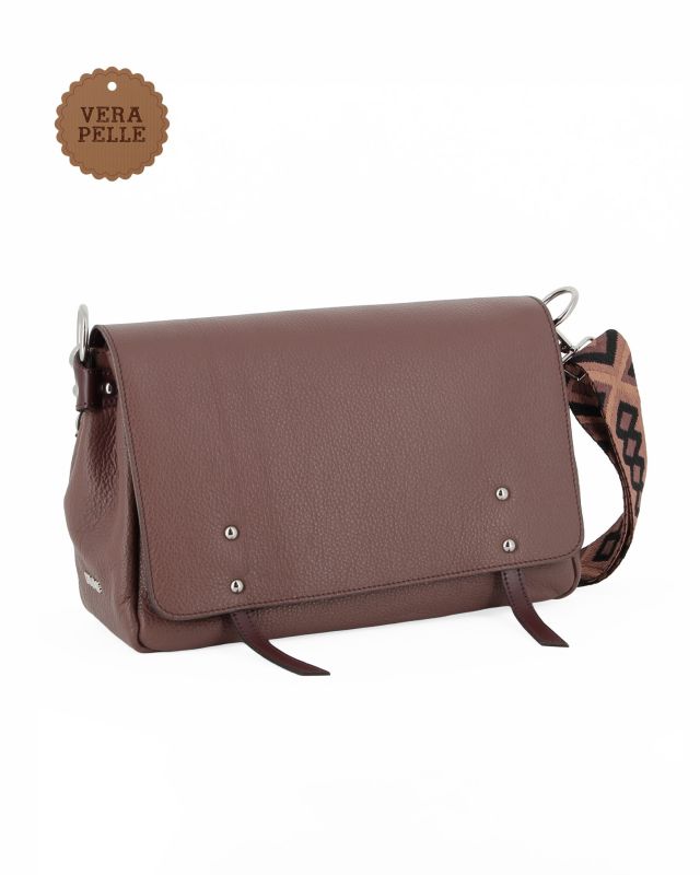 Prodotto: DIVAS - Borsa marrone in VERA PELLE con patta e tracolla nastro - MADE IN ITALY