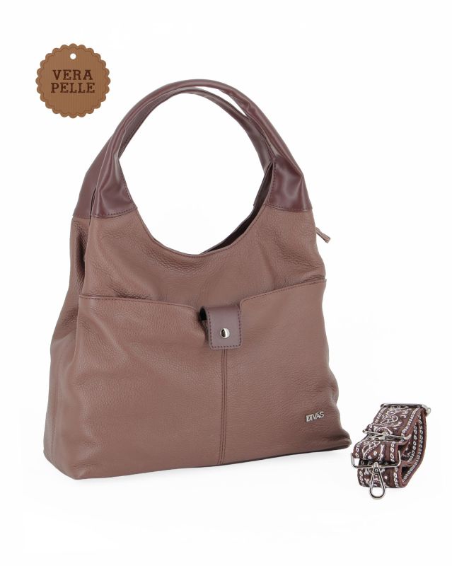 Prodotto: DIVAS - Borsa sacca marrone in VERA PELLE con tasca frontale, tracolla removibile - MADE IN ITALY