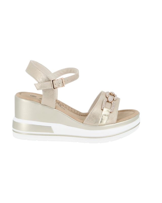 Prodotto: MISS GLOBO - Sandalo platform beige con sottopiede in memory soft e morsetto in strass, tacco 7CM
