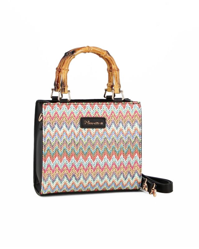 Prodotto: NARDINI - Borsa nera intreccio multicolor con manici effetto bamboo, tracolla removibile