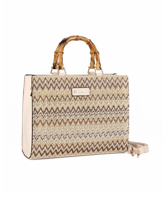 Prodotto: NARDINI - Borsa beige intreccio multicolor con manici effetto bamboo, tracolla removibile