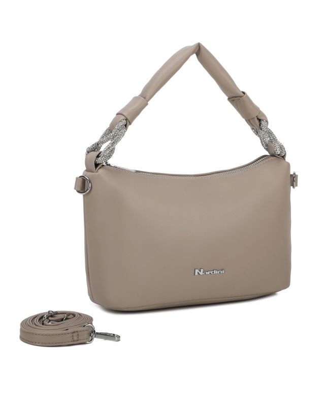 Prodotto: NARDINI - Borsa a mano taupe con nodo in strass sul manico e tracolla removibile