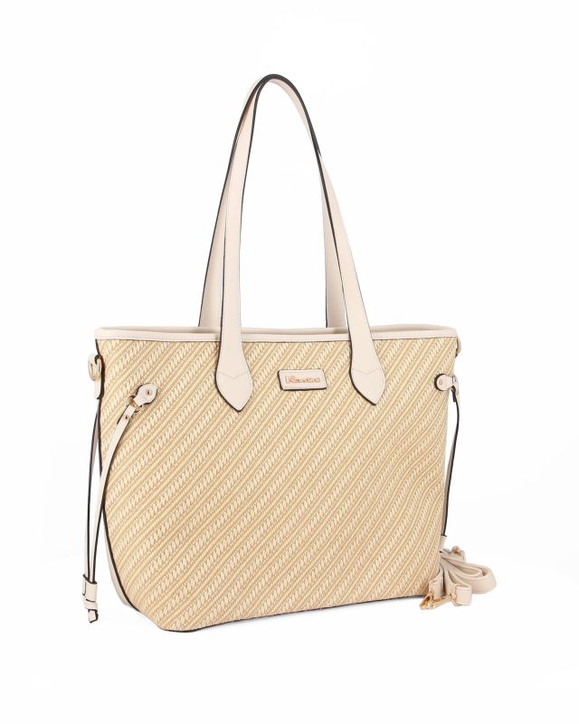 Prodotto: NARDINI - Borsa shopping beige con parte frontale intrecciata effetto paglia, laccetti laterali e tasca posteriore, tracolla removibile