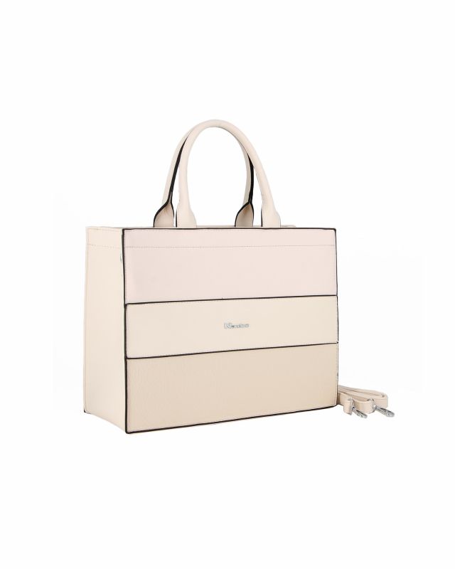 Prodotto: NARDINI - Borsa media due manici beige con fasce frontali lavorate, tracolla removibile