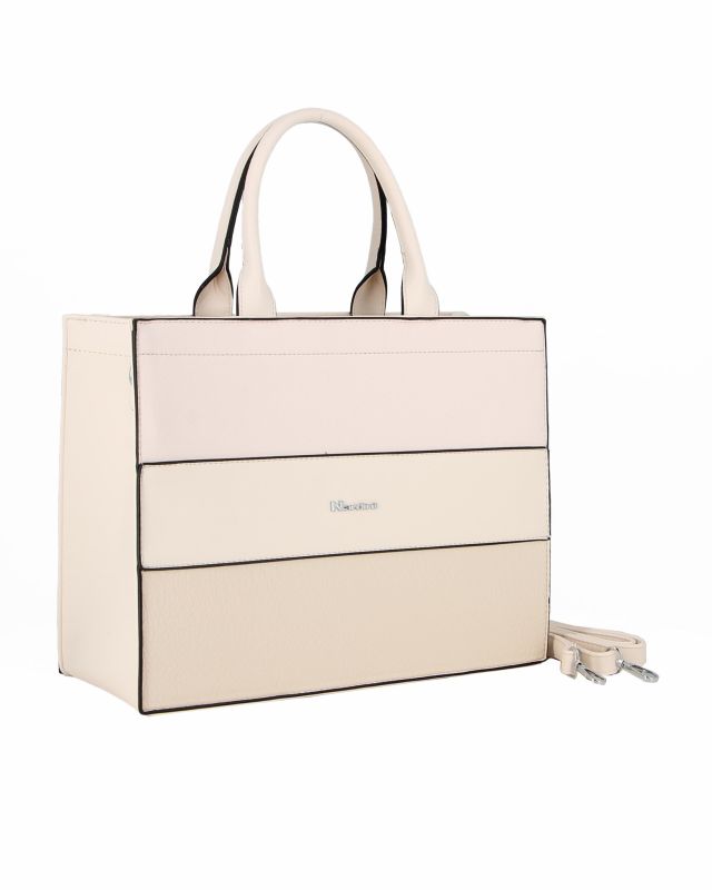Prodotto: NARDINI - Borsa grande due manici beige con fasce frontali lavorate, tracolla removibile