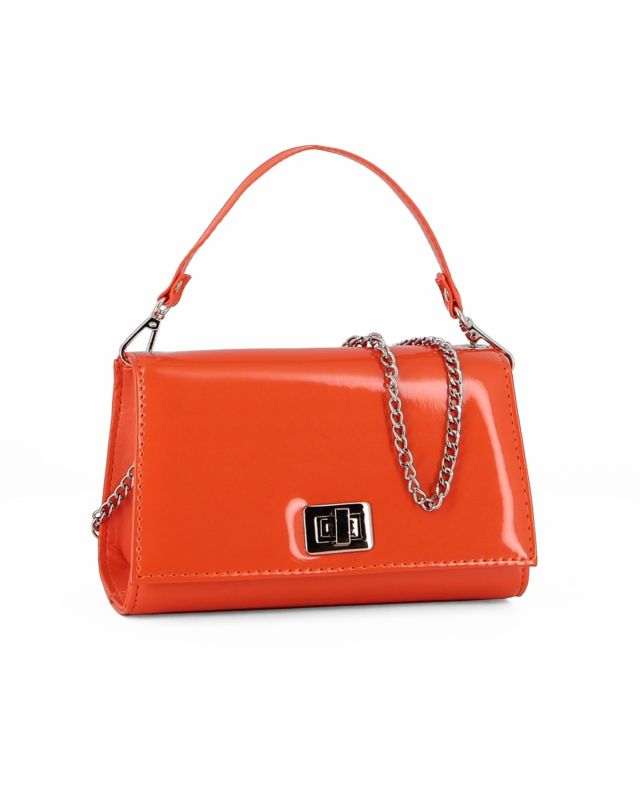 Prodotto: ANNES NICOLE - Pochette arancione un manico con patta in vernice e chiusura a girello, MADE IN ITALY