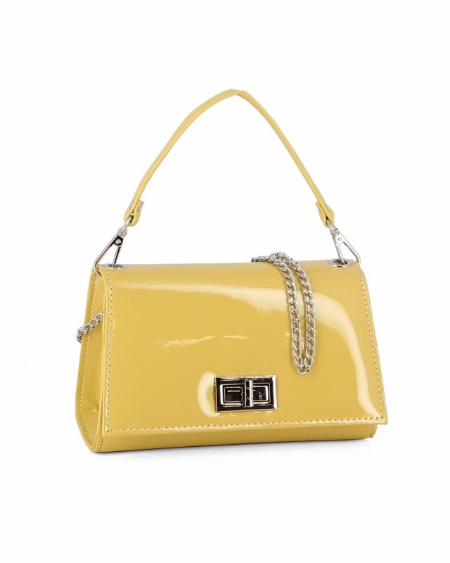 Prodotto: ANNES NICOLE - Pochette gialla un manico con patta in vernice e chiusura a girello, MADE IN ITALY