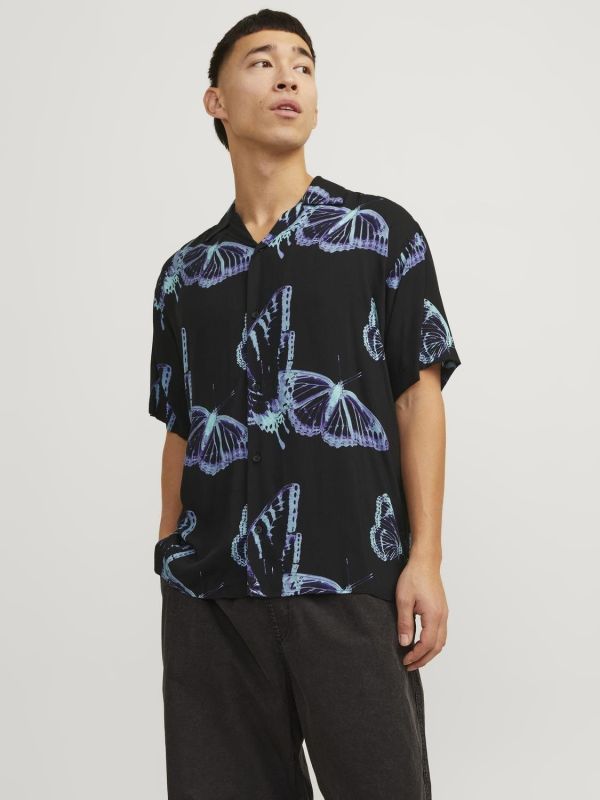 Prodotto: JACK&JONES CAMICIA HAWAIANA NERA DA UOMO STAMPA FARFALLE