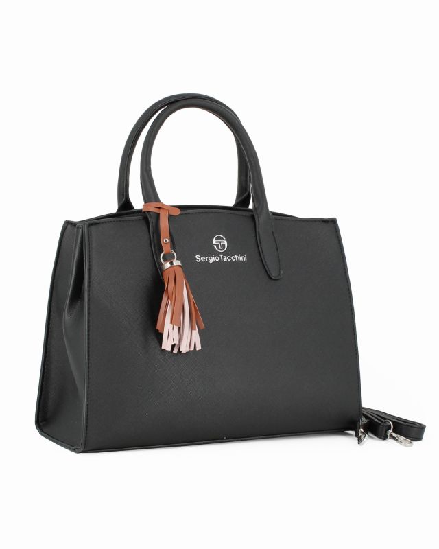 Prodotto: SERGIO TACCHINI - Borsa due manici nera con pennacchio a frange e tre scomparti principali, tracolla removibile