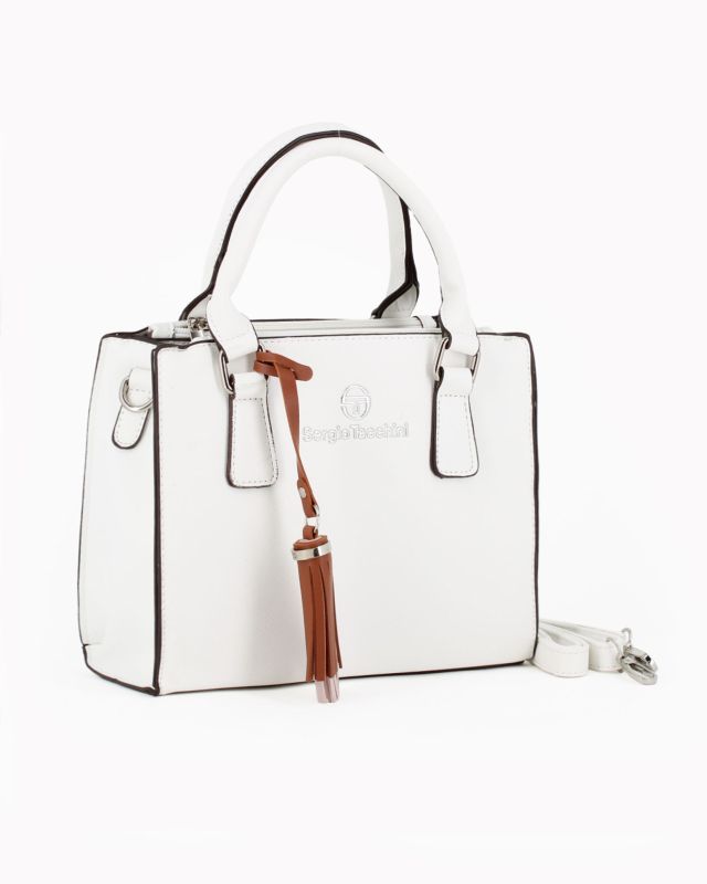 Prodotto: SERGIO TACCHINI - Borsa due manici bianca con pennacchio a frange e tre scomparti principali, tracolla removibile