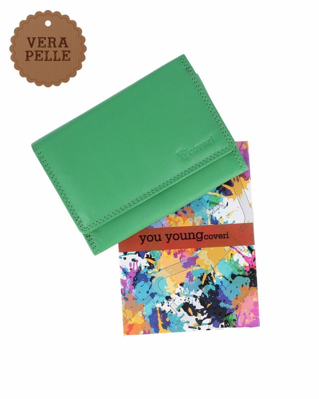 Prodotto: YOU YOUNG COVERI - Portafoglio verde in VERA PELLE da donna con patta e zip posteriore